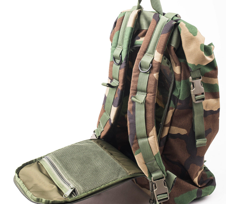 Roll Up Backpack - Woodland Camo : Back Opening